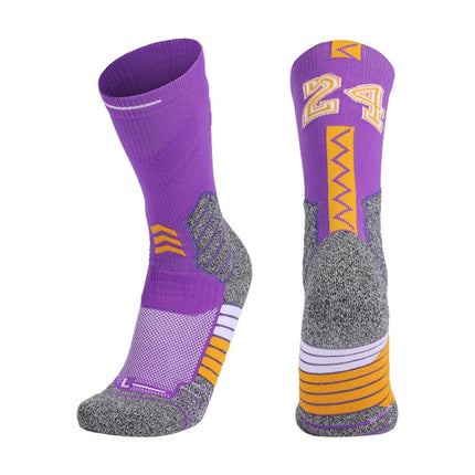 Men Terry Non-Slip Mid-Tube Sports Socks Basketball Socks, Size: Childrens Free Size(NO. 24 Purple Yellow)-garmade.com