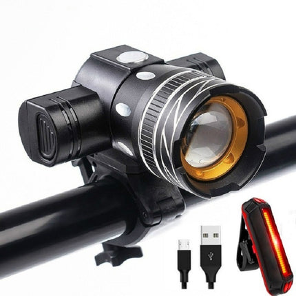 7602 LED USB Charging Telescopic Zoom Bicycle Front Light, Specification: Headlight +11034 Taillight-garmade.com