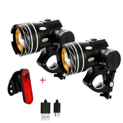 7602 LED USB Charging Telescopic Zoom Bicycle Front Light, Specification: 2 Headlight + 056 Taillight-garmade.com
