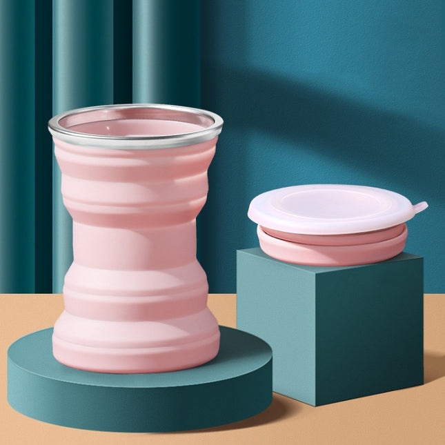 AK1313 320ml Portable Silicone Folding Water Cup With Lid(Pink)-garmade.com
