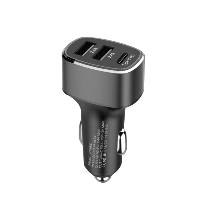QIAKEY GT690C Dual USB + USB-C / Type-C Aluminum Alloy Three-Hole Car Charger(Gray)-garmade.com