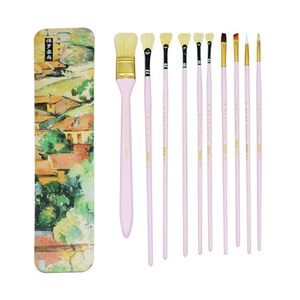 10 PCS/Set Fine Art Pig Bristle Fishtail Gouache Brush With Iron Box(Pink Rod)-garmade.com