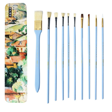 10 PCS/Set Fine Art Pig Bristle Fishtail Gouache Brush With Iron Box(Blue Rod)-garmade.com