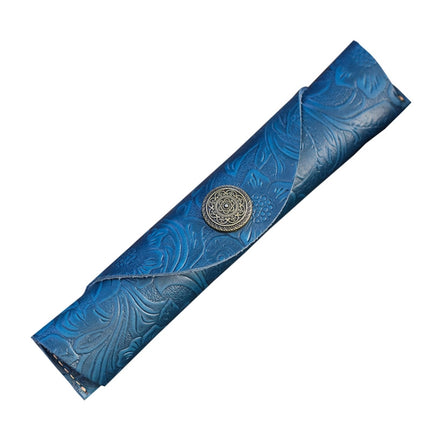 W-T24 Literary Retro Leather Roller Blind Pencil Case(Blue Carved)-garmade.com