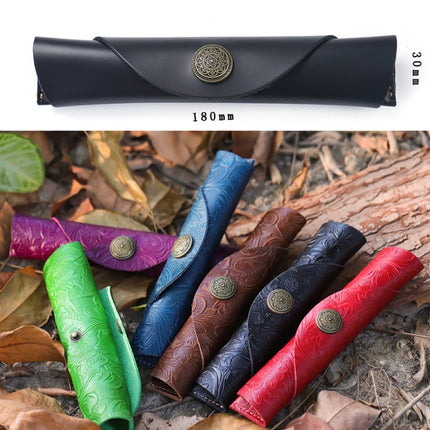 W-T24 Literary Retro Leather Roller Blind Pencil Case(Black Carved)-garmade.com
