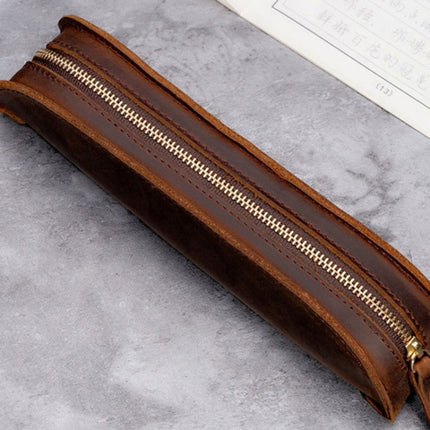 W-T18 Vintage Handmade Genuine Leather Zipper Pencil Case(Coffee)-garmade.com