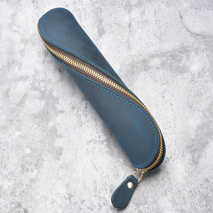 A-T09 S Zipper Crazy Horse Leather Vintage Leather Pen Bag(Blue)-garmade.com