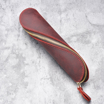A-T09 S Zipper Crazy Horse Leather Vintage Leather Pen Bag(Wine Red)-garmade.com