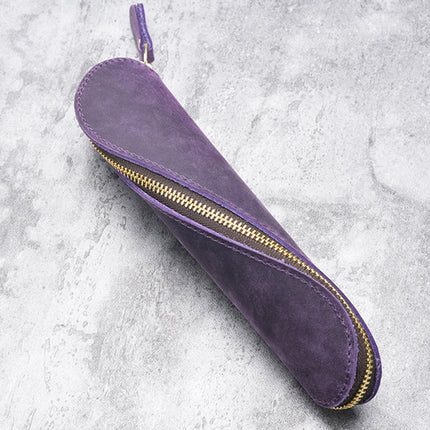A-T09 S Zipper Crazy Horse Leather Vintage Leather Pen Bag(Purple)-garmade.com