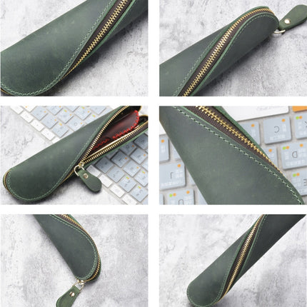 A-T09 S Zipper Crazy Horse Leather Vintage Leather Pen Bag(Ink Green)-garmade.com
