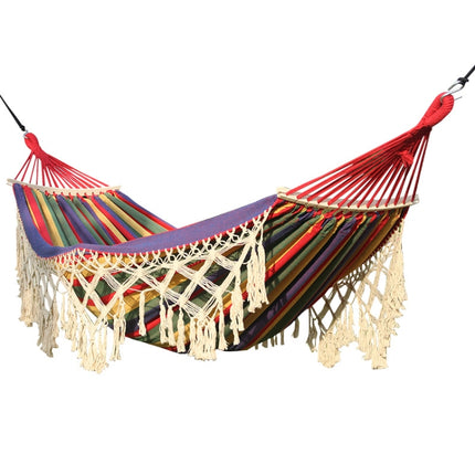 200x150cm Double Outdoor Camping Tassel Canvas Hammock with Stick(Colorful Stripes)-garmade.com