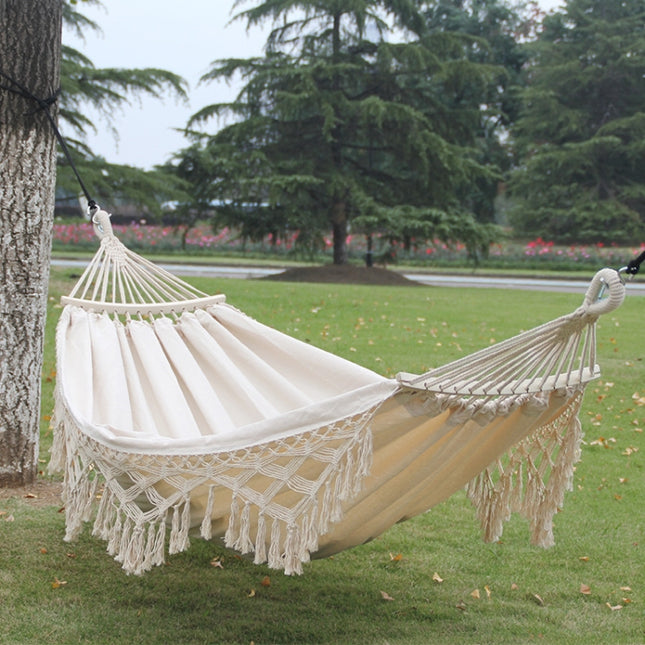 200x150cm Double Outdoor Camping Tassel Canvas Hammock with Stick(White )-garmade.com