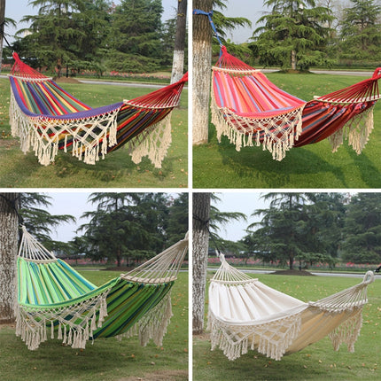 200x150cm Double Outdoor Camping Tassel Canvas Hammock with Stick(White )-garmade.com