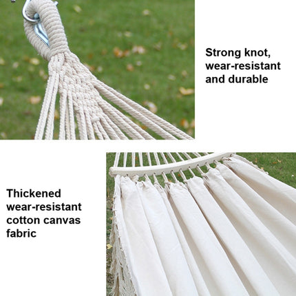200x150cm Double Outdoor Camping Tassel Canvas Hammock with Stick(White )-garmade.com