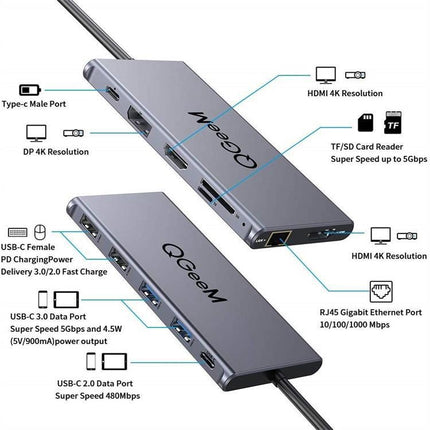 QGeeM 12 In 1 Triple Display 4K Type-C Extension HUB Adapter Support HDMI(QG-UH12-H)-garmade.com