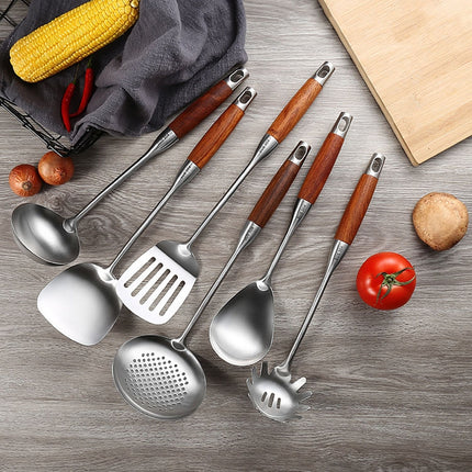 304 Stainless Steel Wooden Handle Kitchenware Kitchen Equipment, Style: Rice Spoon-garmade.com