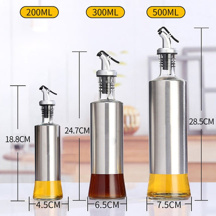 Stainless Steel Glass Oil Bottle Kitchen Pressed Seasoning Bottle, Capacity: 300ml-garmade.com