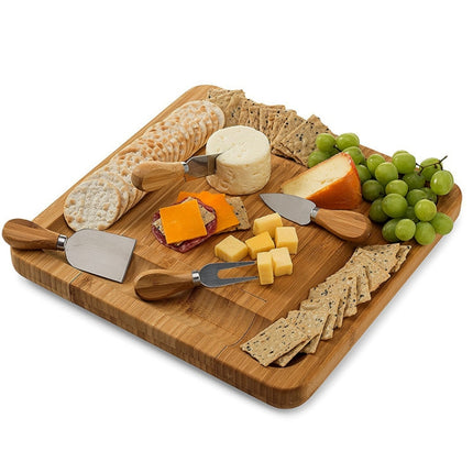 Bamboo Cheese Board With Cutter Cheese Drawer Plate, Size: 33x33x3.5cm(Square)-garmade.com