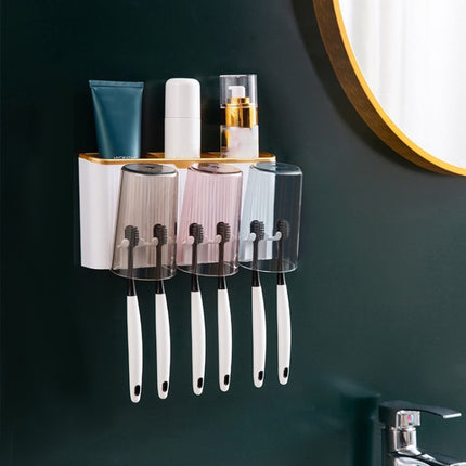 Bathroom Wall-mounted Punch-free Wash Cup Toothbrush Rack Squeeze Toothpaste Set Three Golden(No Squeezer)-garmade.com