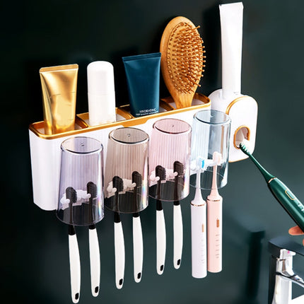 Bathroom Wall-mounted Punch-free Wash Cup Toothbrush Rack Squeeze Toothpaste Set Three Golden(No Squeezer)-garmade.com