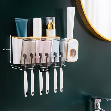Bathroom Wall-mounted Punch-free Wash Cup Toothbrush Rack Squeeze Toothpaste Set Three Black(No Squeezer)-garmade.com