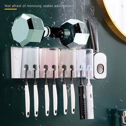 Bathroom Wall-mounted Punch-free Wash Cup Toothbrush Rack Squeeze Toothpaste Set Three Black(With Squeezer)-garmade.com
