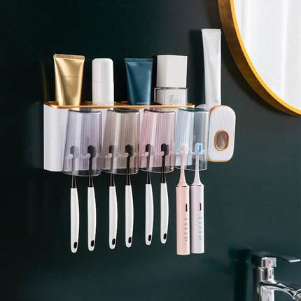 Bathroom Wall-mounted Punch-free Wash Cup Toothbrush Rack Squeeze Toothpaste Set Four Golden(With Squeezer)-garmade.com