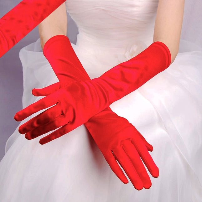 Bride Gloves Satin Long Vintage Travel Sunscreen Dress Wedding Gloves(Red)-garmade.com