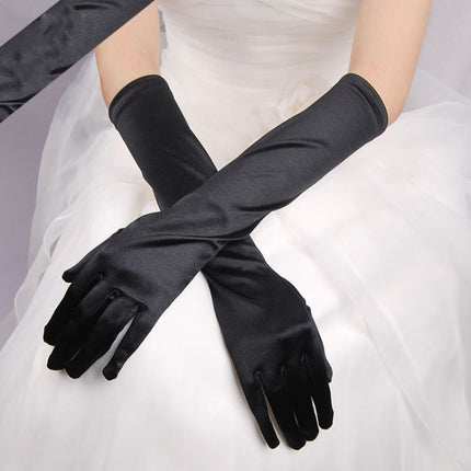 Bride Gloves Satin Long Vintage Travel Sunscreen Dress Wedding Gloves(Black)-garmade.com