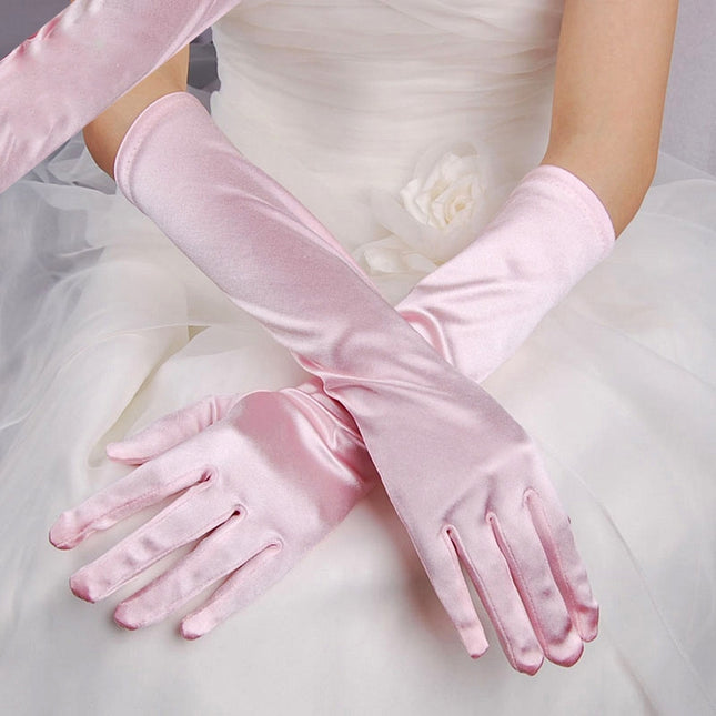 Bride Gloves Satin Long Vintage Travel Sunscreen Dress Wedding Gloves(Pink)-garmade.com
