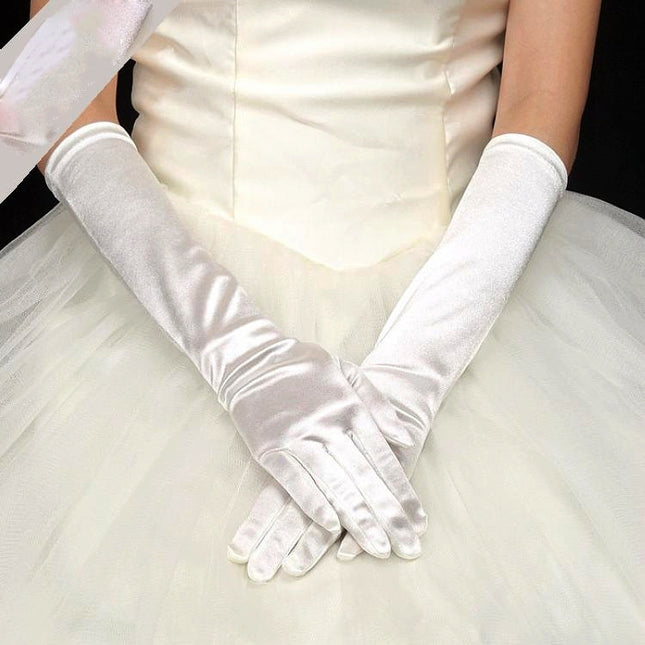 Bride Gloves Satin Long Vintage Travel Sunscreen Dress Wedding Gloves(Beige)-garmade.com
