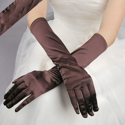 Bride Gloves Satin Long Vintage Travel Sunscreen Dress Wedding Gloves(Brown)-garmade.com