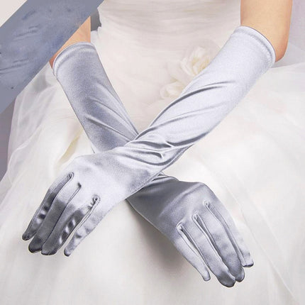 Bride Gloves Satin Long Vintage Travel Sunscreen Dress Wedding Gloves(Silver White)-garmade.com