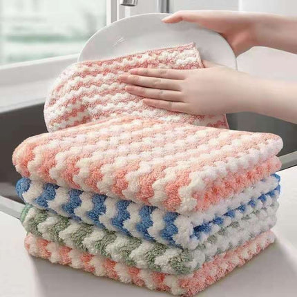 10 PCS Absorbent Wave Dish Cloth Rag Non-stick Oil Coral Velvet Dish Towel Random Color (25 x 25cm)-garmade.com