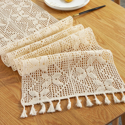 Widened And Stitched Rustic Knitted Hollow Tablecloth, Size: 30x220cm(Leaves Double Stitching)-garmade.com