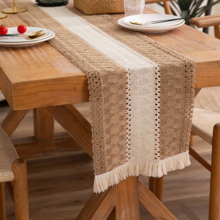 2 PCS Cotton and Linen Woven Colorblock Tassel Striped Rhombus Table Runner, Size: 30x120cm(2 Hemp + Diamond Lattice)-garmade.com