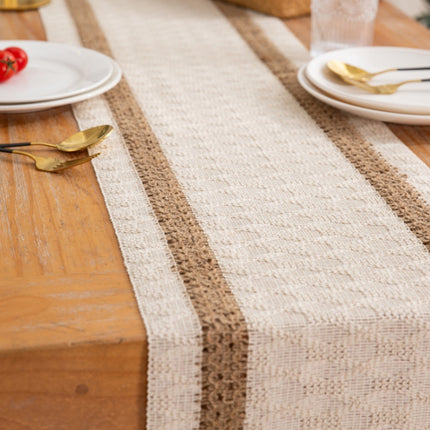 2 PCS Cotton and Linen Woven Colorblock Tassel Striped Rhombus Table Runner, Size: 30x275cm(Middle Hemp)-garmade.com