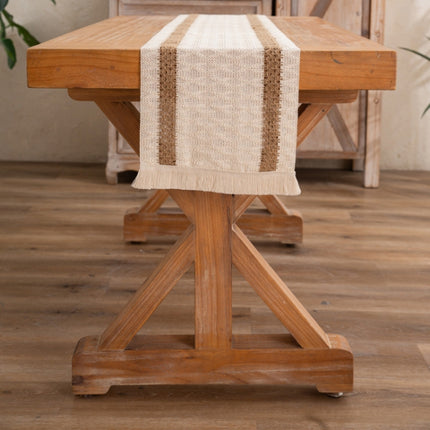 2 PCS Cotton and Linen Woven Colorblock Tassel Striped Rhombus Table Runner, Size: 30x275cm(2 Hemp + Diamond Lattice)-garmade.com