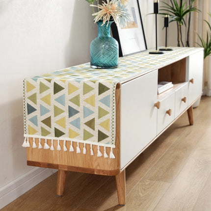 Home TV Cabinet Shoe Cabinet Chenille Polyester Tassel Tablecloth, Size: 35x140cm(Yellow-green Triangle)-garmade.com