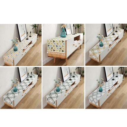 Home TV Cabinet Shoe Cabinet Chenille Polyester Tassel Tablecloth, Size: 35x140cm(Blue Geometry)-garmade.com