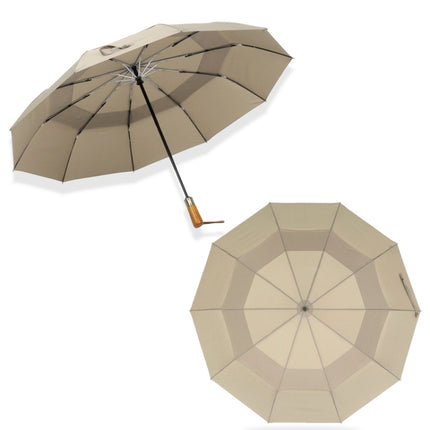 PARACHASE Ten-bone Double-layer Large Windproof Business Automatic Folding Umbrella(Khaki)-garmade.com