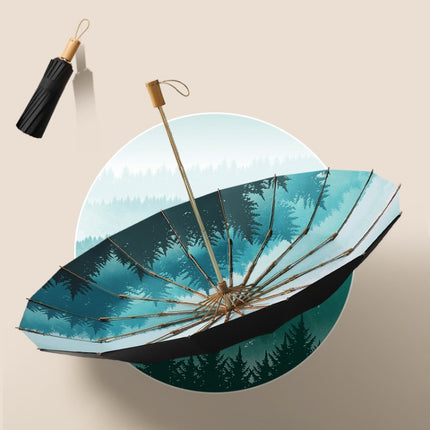 3-fold 16-bone Hand Open Umbrella Retro Wood Handle Black Glue Sunshade Umbrella(Spring Tree)-garmade.com