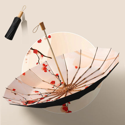 3-fold 16-bone Hand Open Umbrella Retro Wood Handle Black Glue Sunshade Umbrella(Prune Tree)-garmade.com