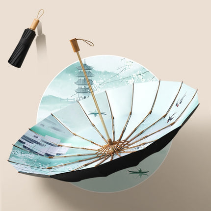 3-fold 16-bone Hand Open Umbrella Retro Wood Handle Black Glue Sunshade Umbrella(Jiangnan)-garmade.com