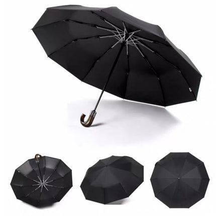 PARACHASE Solid Wood Bending Handle 10 Bone Three Fold Automatic Umbrella(Black)-garmade.com