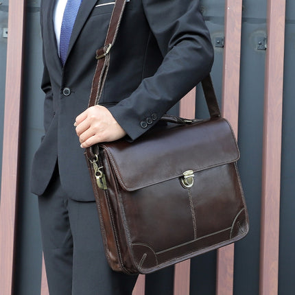 Men Retro Cowhide Leather Briefcase Multifunctional Laptop Bag for 15.6 Inch Computer(Coffee)-garmade.com