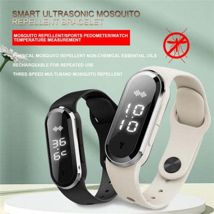 M21 Ultrasonic Mosquito Repellent Bracelet with Step Counter & Clock & Temperature Function(White)-garmade.com