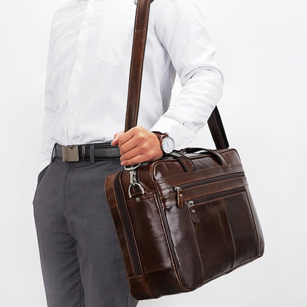 Men Retro Oil Wax Leather Handbag 17 Inch Computer Bag Shoulder Diagonal Briefcase(Brown)-garmade.com