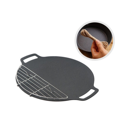 Outdoor Camping BBQ Cast Iron Grill Pan,Style: Baking Pan+Net+Hemp Rope-garmade.com