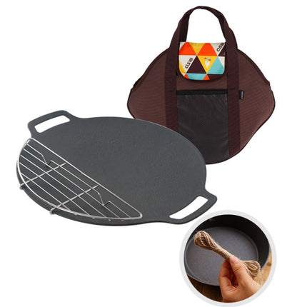 Outdoor Camping BBQ Cast Iron Grill Pan,Style: Baking Pan+Net+Hemp Rope+Storage Bag-garmade.com